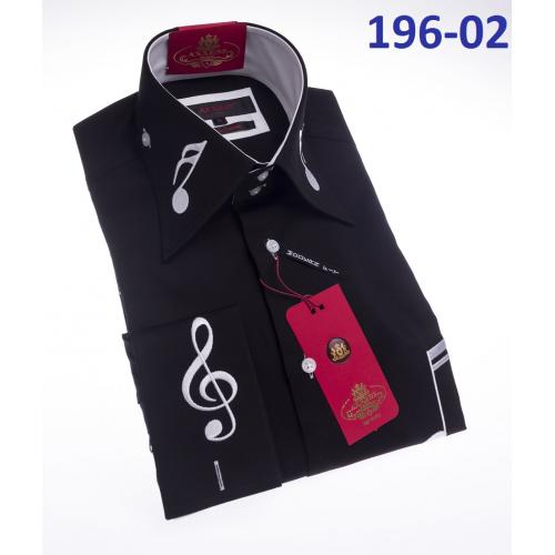 Axxess Black / White Music Note Embroidery Cotton Modern Fit Dress Shirt With French Cuff 196-02.